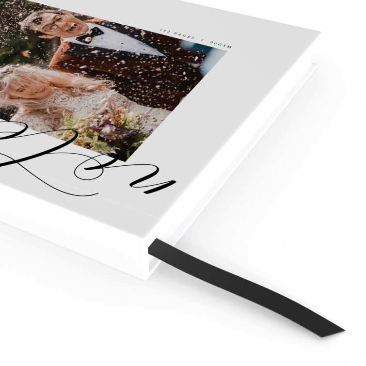 Elegant wedding-themed personalised notebook design with one photo on the cover by Utterly Printable UK.