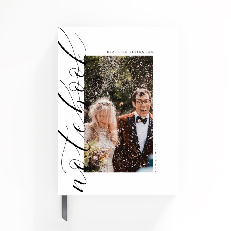 Elegant wedding-themed personalised notebook design with one photo on the cover by Utterly Printable UK.