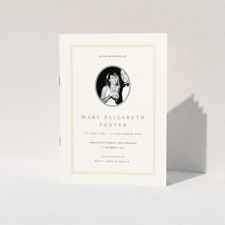 Elegant funeral order of service program featuring a central photograph in a classic design.