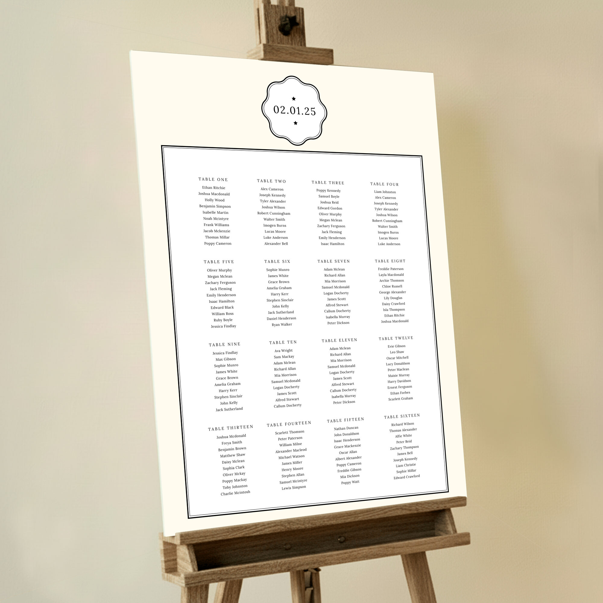 Refined Elegant Engraving Seating Plan featuring a crest with the wedding date at the top, the couple's names in a white box below, all on a cream background with a double black border, exuding timeless elegance.. This design shows 16 tables.