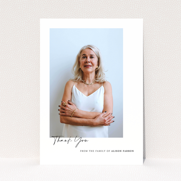 Funeral thank you card with one photo featuring a woman