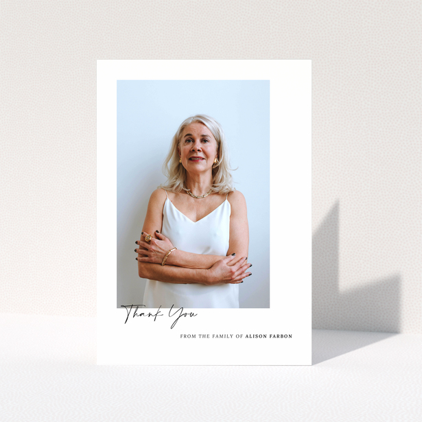 Funeral thank you card with one photo featuring a woman