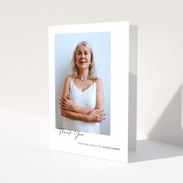 Funeral thank you card with one photo featuring a woman