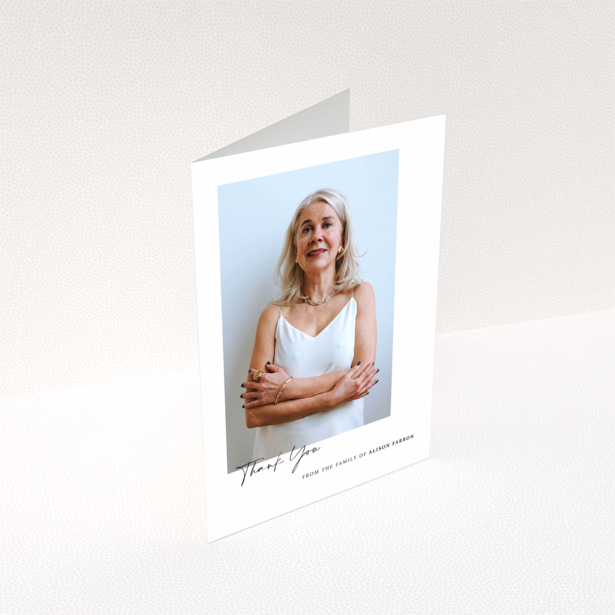 Funeral thank you card with one photo featuring a woman