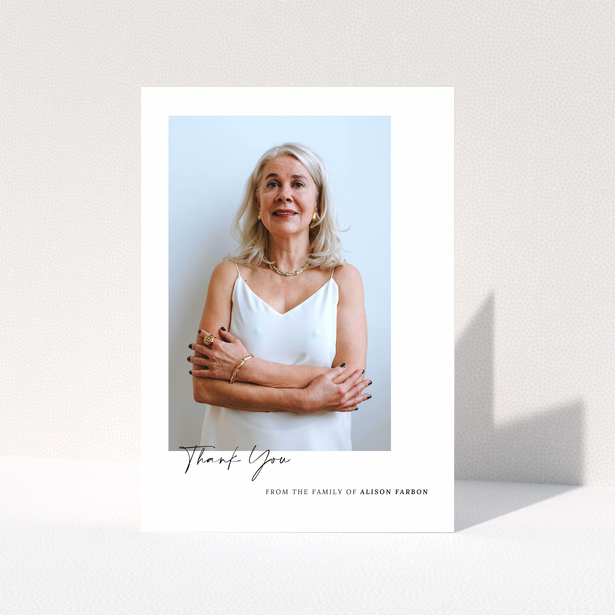 Funeral thank you card with one photo featuring a woman