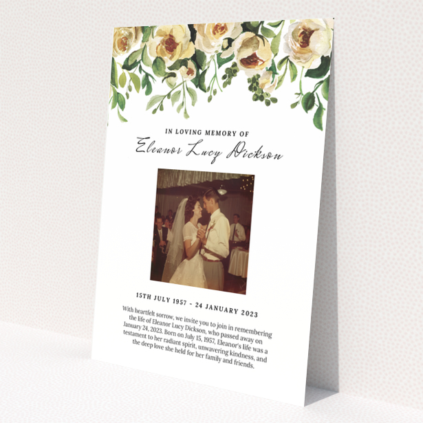 Floral funeral announcement with a vintage wedding photo.