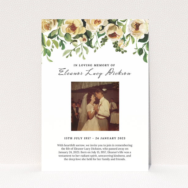 Floral funeral announcement with a vintage wedding photo.