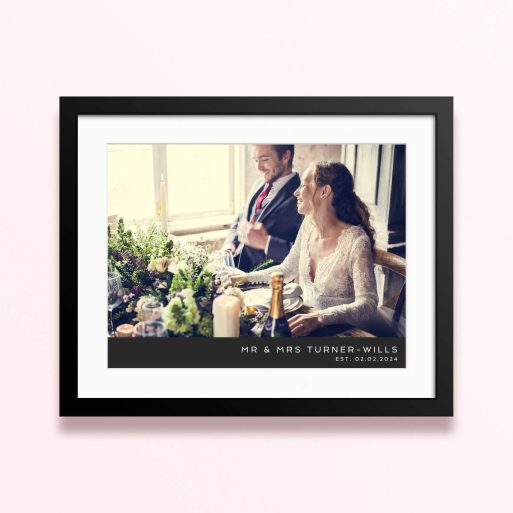 Framed and mounted photo print with one photo featuring a happy couple.