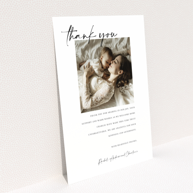 Baby thank you card reverse side featuring one photo with design name Portrait