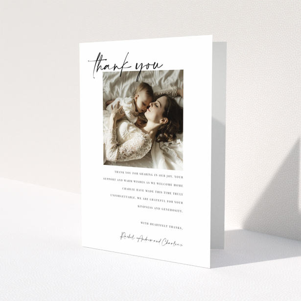 Baby thank you card with elegant design featuring one photo for expressing gratitude and appreciation.