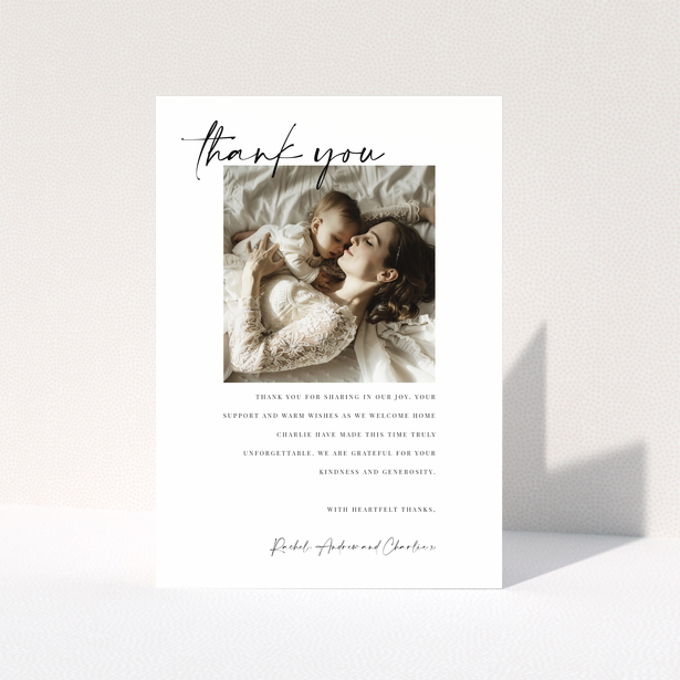 Baby thank you card with elegant design featuring one photo for expressing gratitude and appreciation.