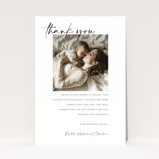 Baby thank you card with elegant design featuring one photo for expressing gratitude and appreciation.