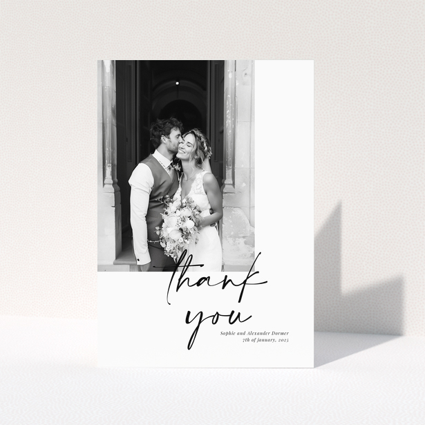 Wedding thank you card design featuring one photo of a bride and groom.