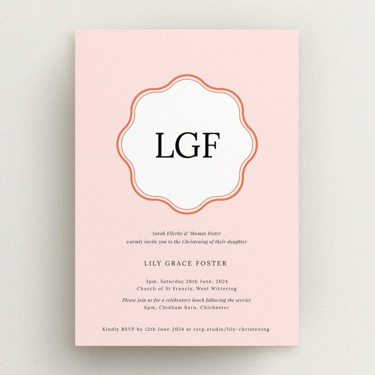 Elegant christening invitation design with no photos, featuring personalised text and decorative border.