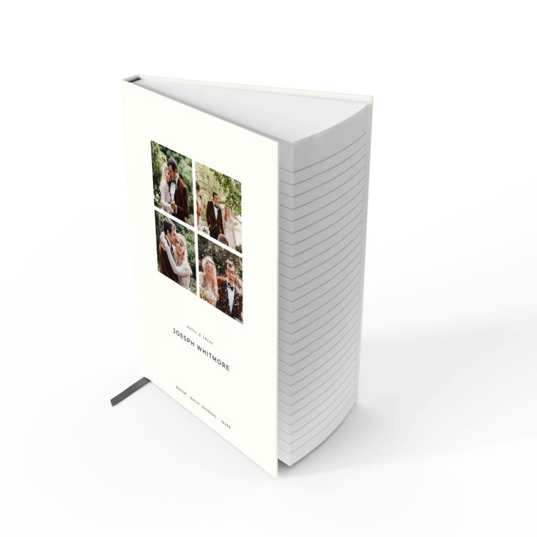 Portrait notebook design with four placeholder photos on the cover for personalised printing by Utterly Printable.