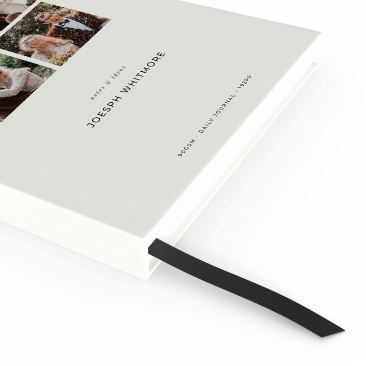 Portrait notebook design with four placeholder photos on the cover for personalised printing by Utterly Printable.