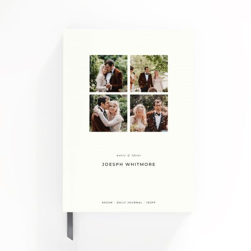 Portrait notebook design with four placeholder photos on the cover for personalised printing by Utterly Printable.