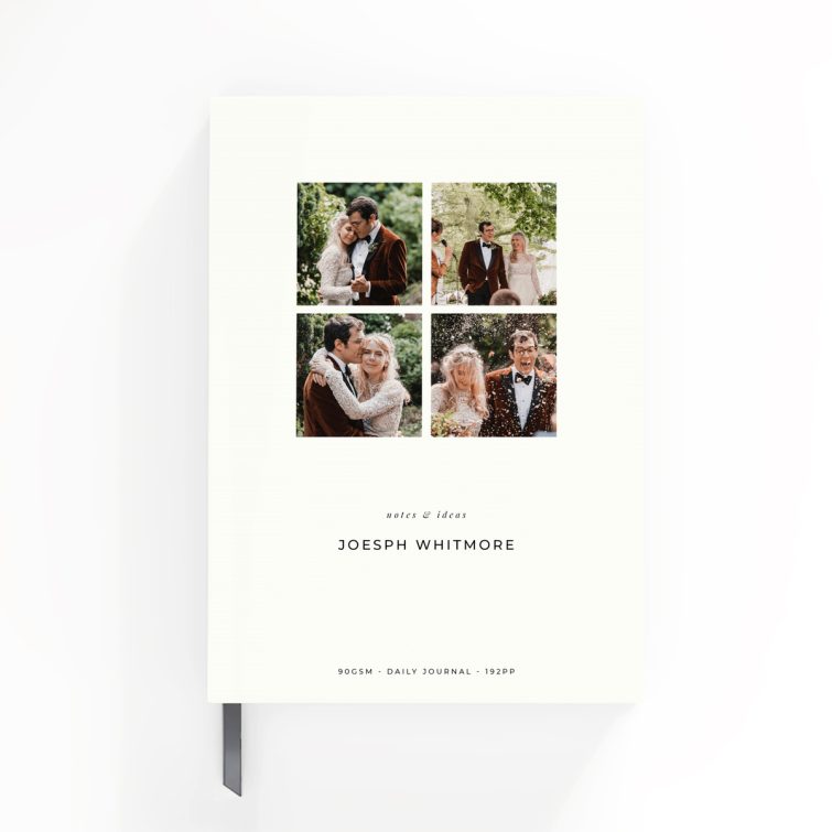 Portrait notebook design with four placeholder photos on the cover for personalised printing by Utterly Printable.