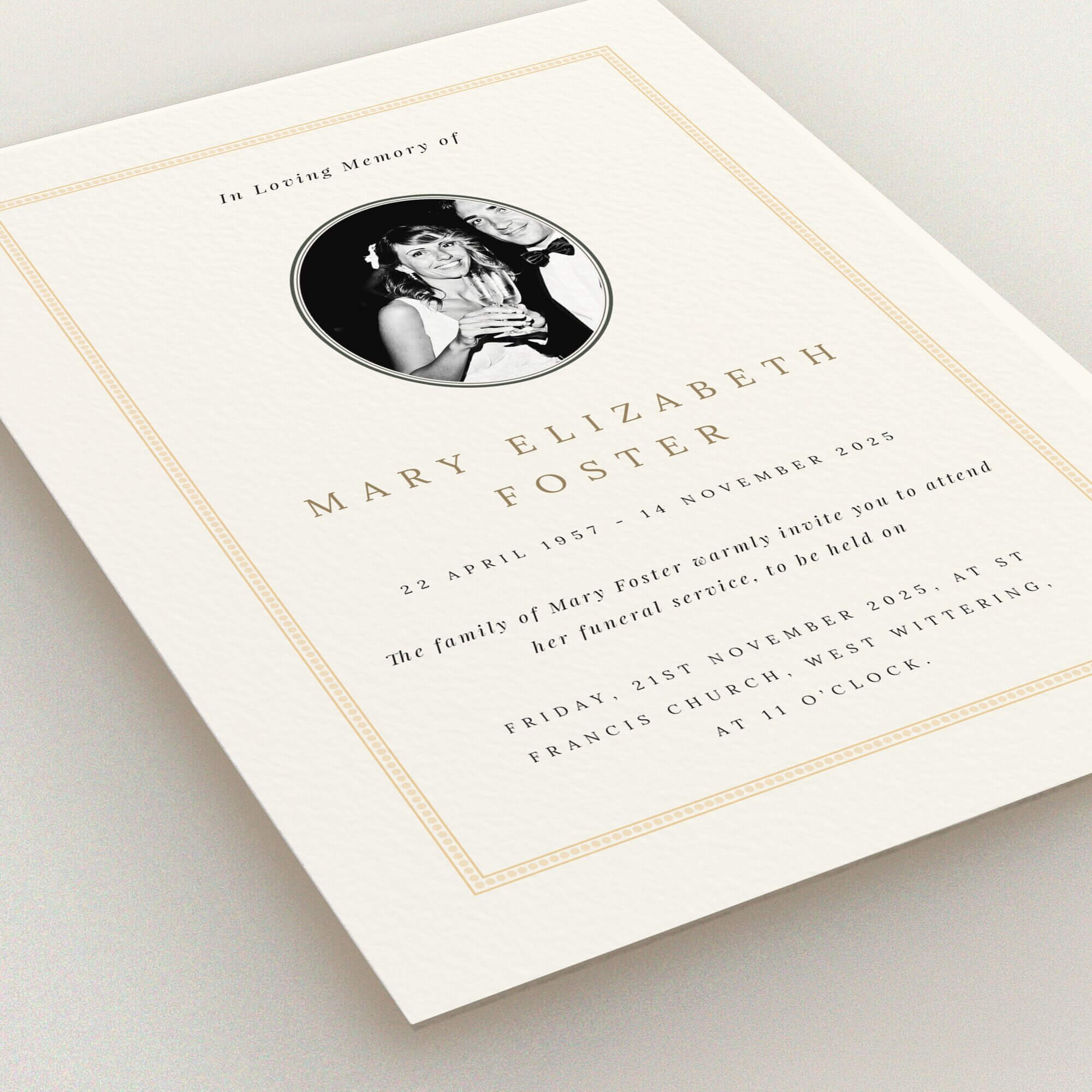 Funeral announcement card design with one photo for personalised memorial service invitation.