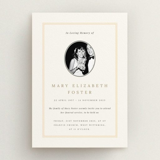 Elegant Funeral Announcement Funeral announcement card design with one photo for personalised memorial service invitation.