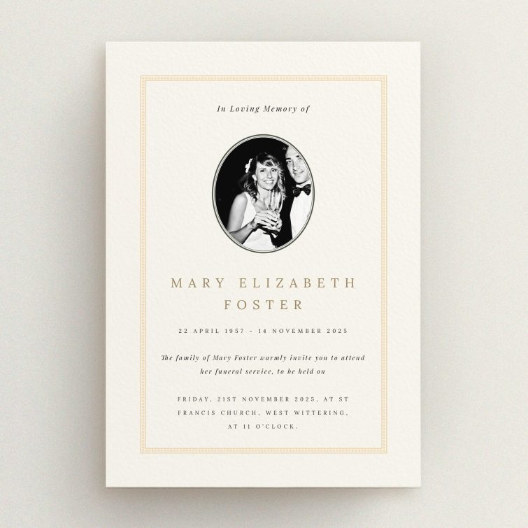 Funeral announcement card design with one photo for personalised memorial service invitation.