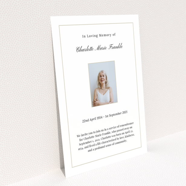 Funeral announcement reverse side design with service details text - Portrait