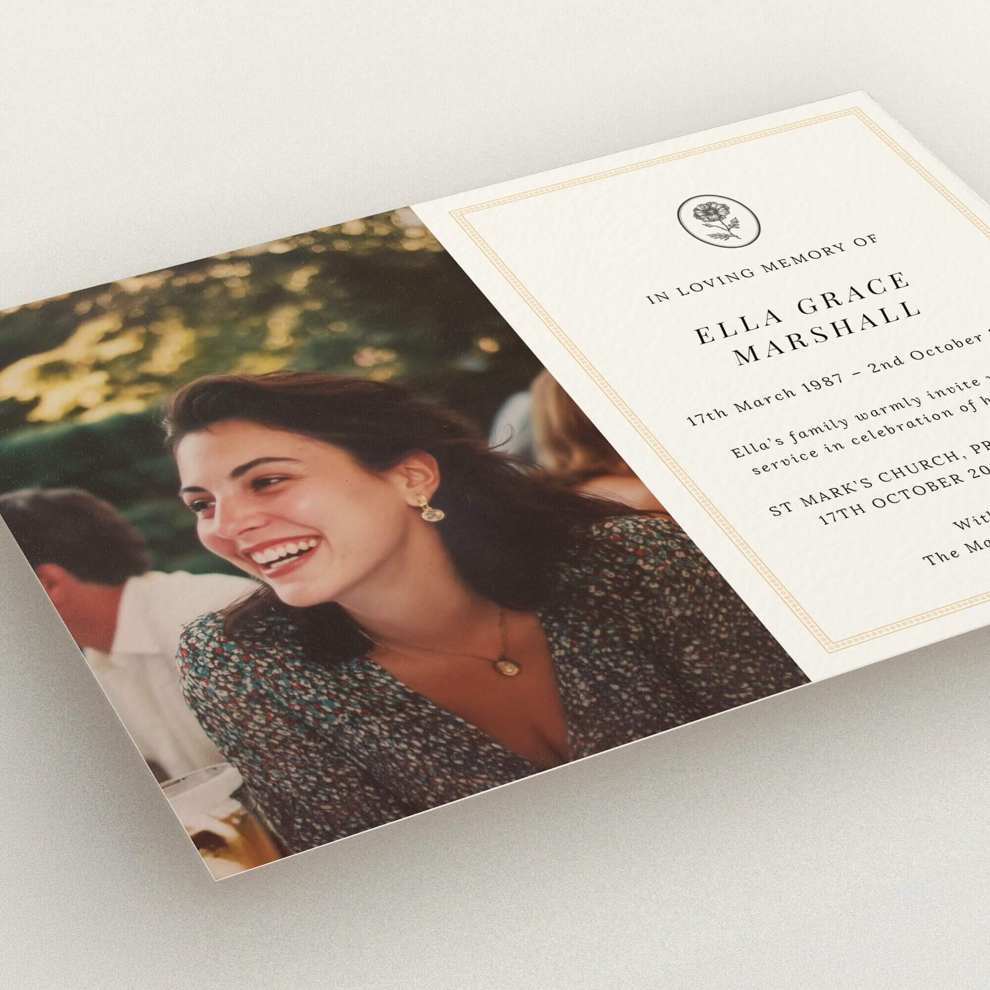 Funeral announcement design with one photo for personalised memorial service invitations