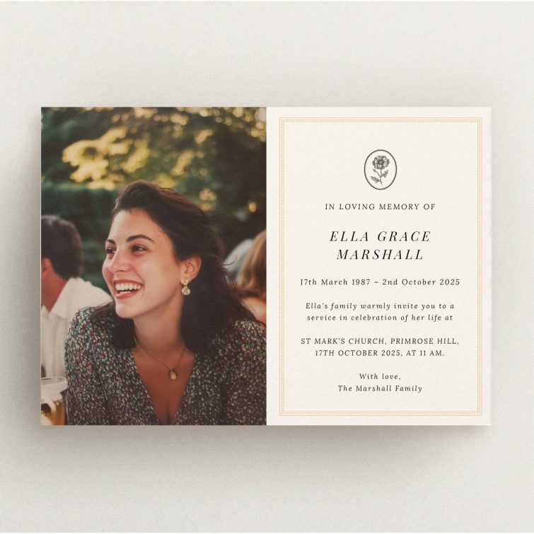 Funeral announcement design with one photo for personalised memorial service invitations