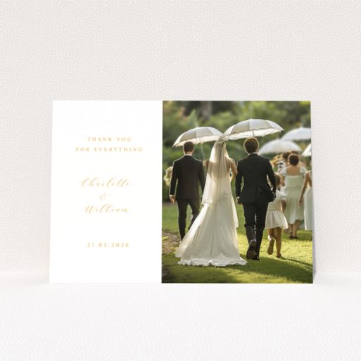 Wedding thank you card design featuring bride and groom with one photo.