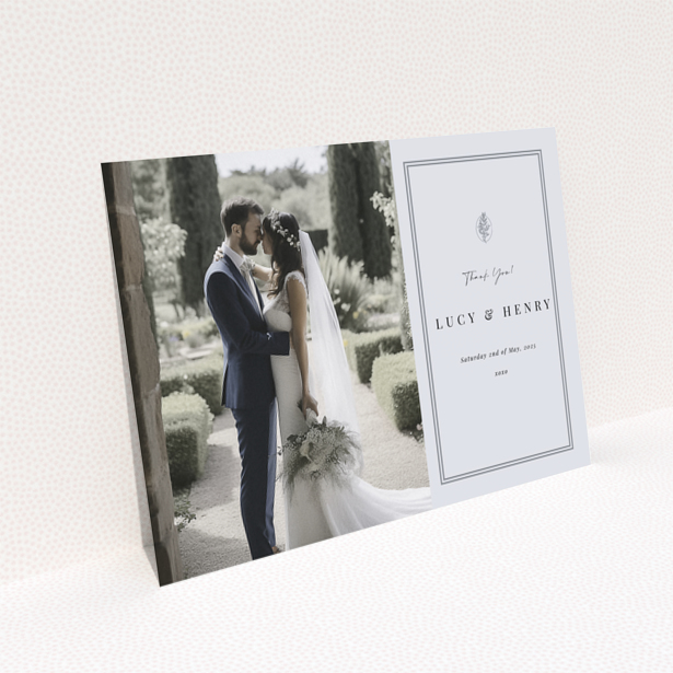 Reverse side of a personalised wedding thank you card design featuring one photo - Landscape