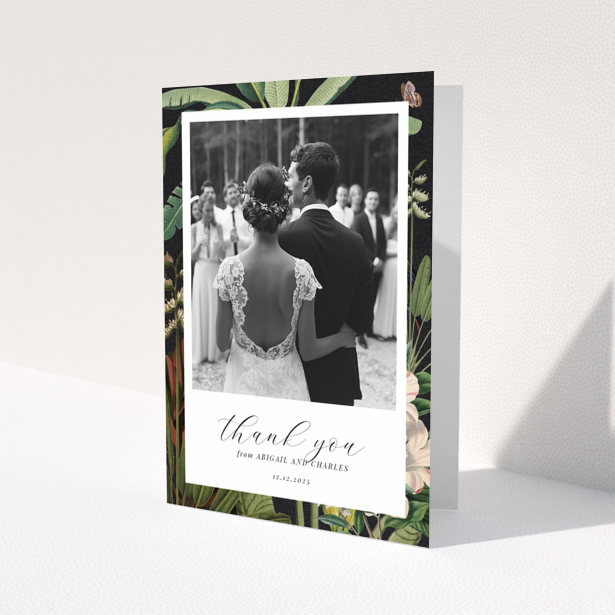 Wedding thank you card with one photo featuring a bride and groom, floral border, and elegant script text.