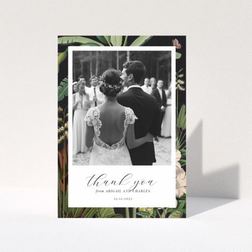 Wedding thank you card with one photo featuring a bride and groom, floral border, and elegant script text.