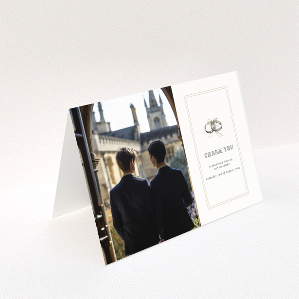 Wedding thank you card with two photos featuring grooms.