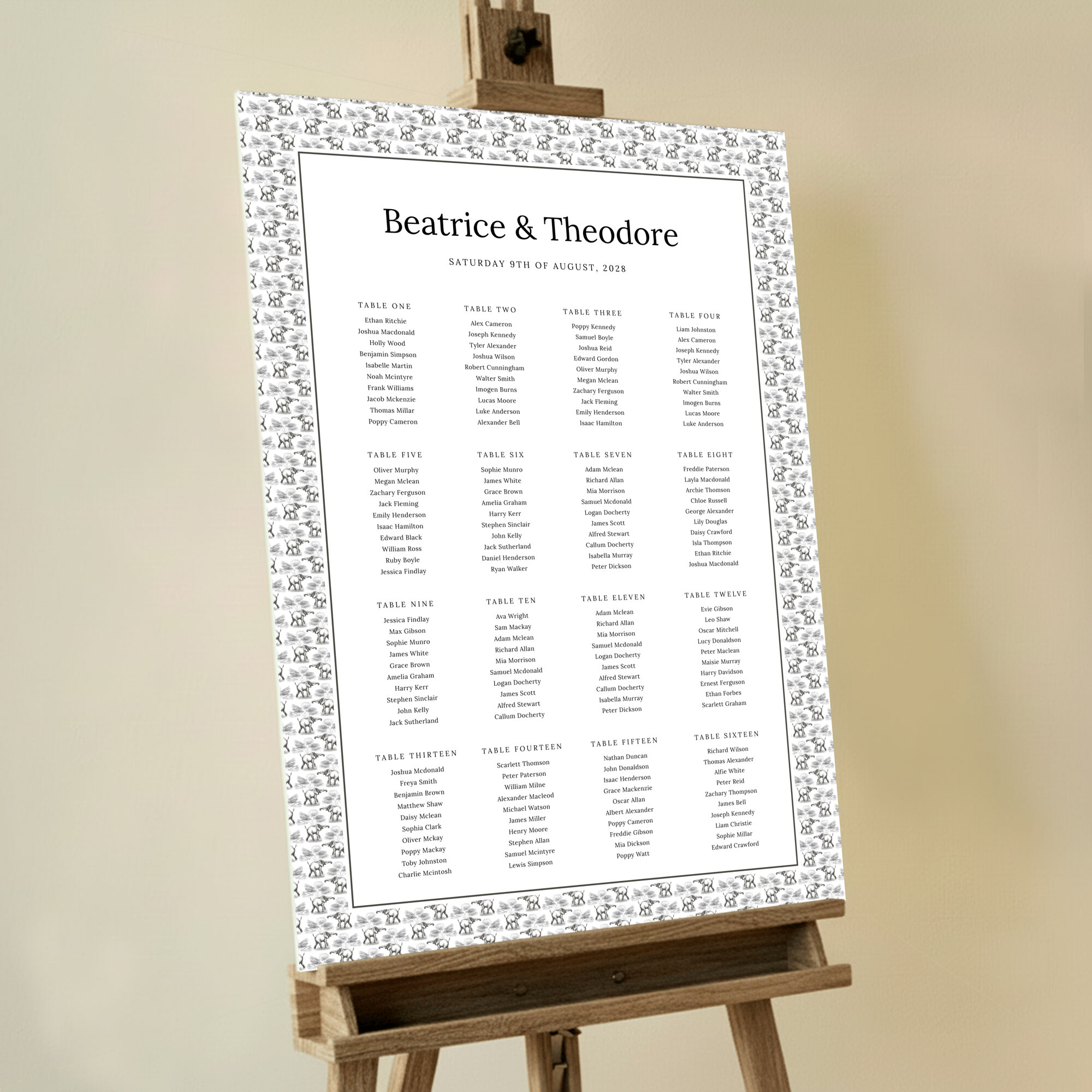 Personalised Elephant Parade Wedding Seating Charts featuring a unique design adorned with tiny elephants and trees forming a delightful pattern around the table plan, bringing a whimsical and unforgettable touch to your wedding.. This one has 16 tables.