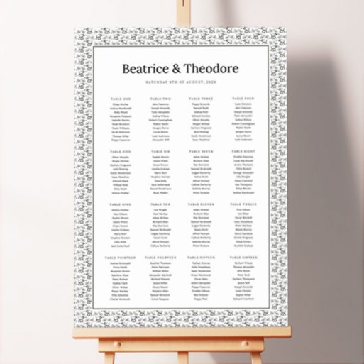 Personalised Elephant Parade Wedding Seating Charts featuring a unique design adorned with tiny elephants and trees forming a delightful pattern around the table plan, bringing a whimsical and unforgettable touch to your wedding.. This one has 16 tables.