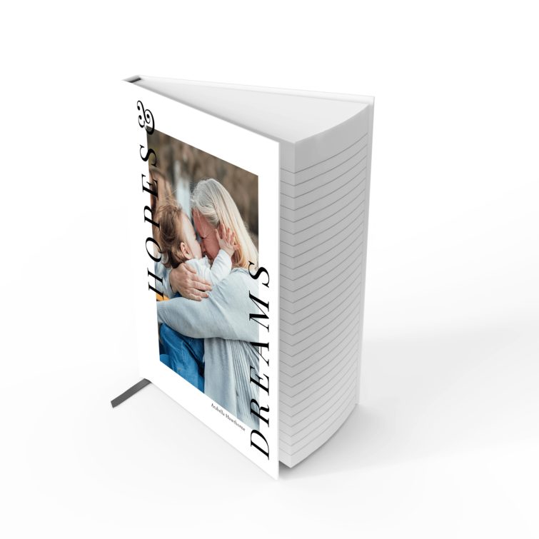 Portrait orientation personalised notebook cover design with one photo featuring a sentimental moment, created by Utterly Printable for weddings and photo gifts.