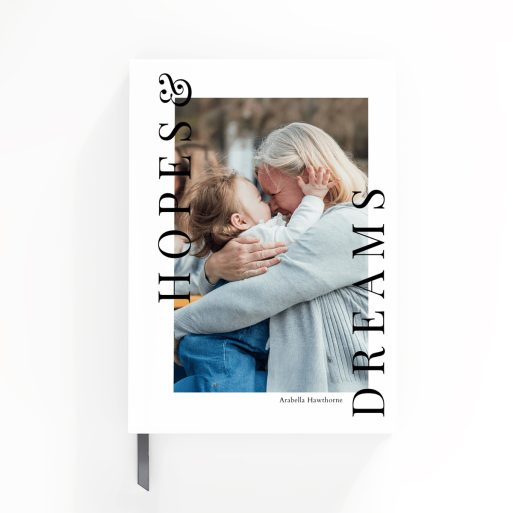 Portrait orientation personalised notebook cover design with one photo featuring a sentimental moment, created by Utterly Printable for weddings and photo gifts.