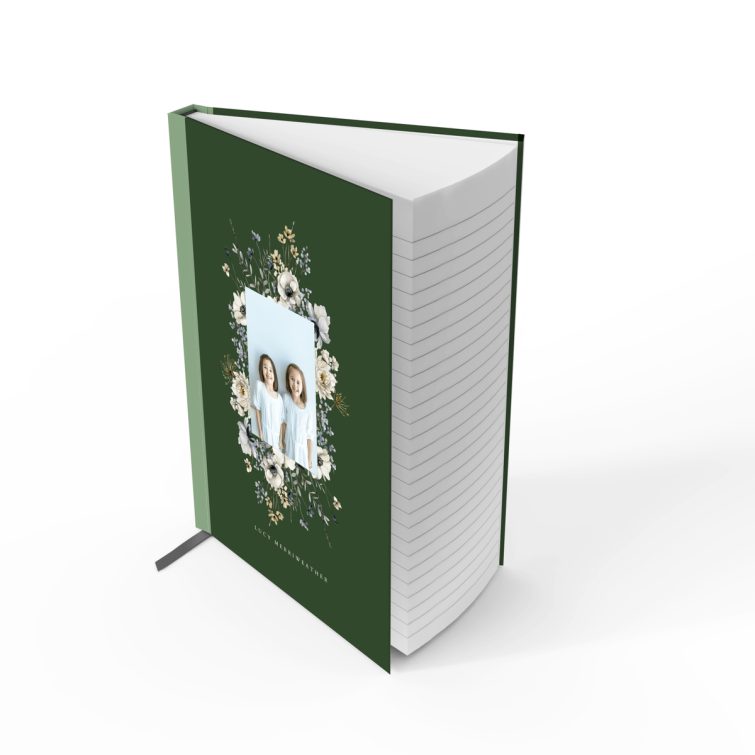 Floral notebook design with one photo placeholder on a green background from Utterly Printable.