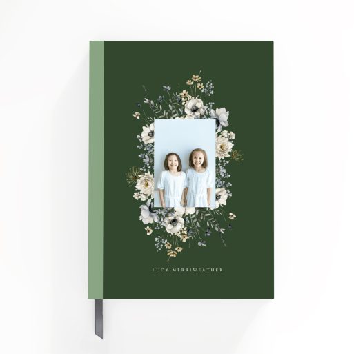 Floral notebook design with one photo placeholder on a green background from Utterly Printable.