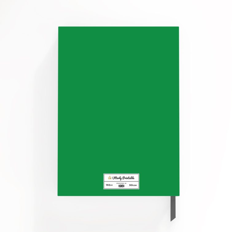 Green notebook cover design with one illustrative graphic on front, featuring personalised text options and Utterly Printable branding.