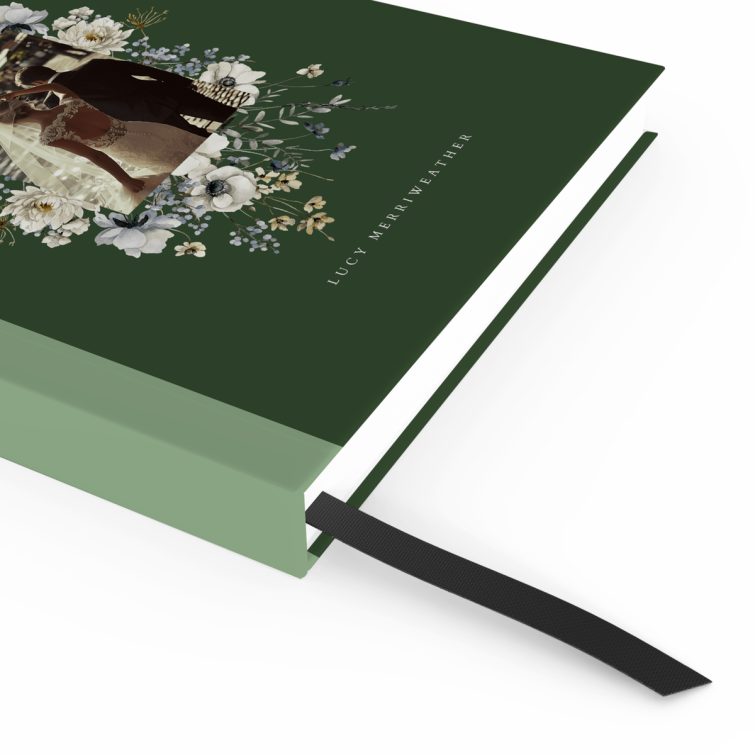 Floral wedding-themed notebook cover design with one photo on green background by Utterly Printable.