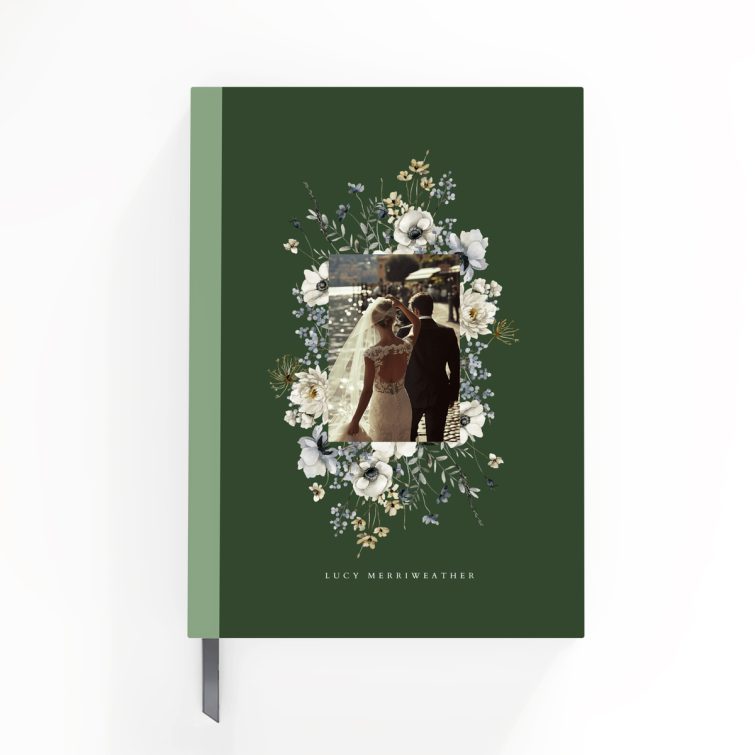 Floral wedding-themed notebook cover design with one photo on green background by Utterly Printable.