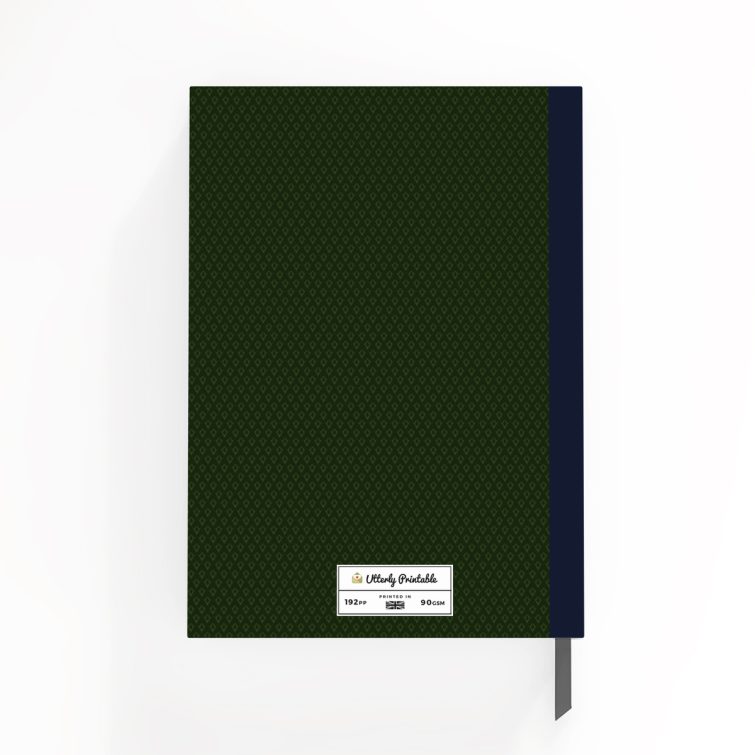 Green patterned portrait notebook design with elegant label, suitable for personalisation, featuring one photo placeholder.