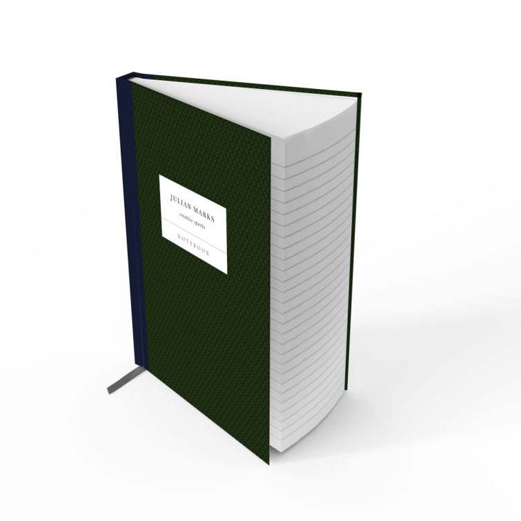 Green patterned portrait notebook design with elegant label, suitable for personalisation, featuring one photo placeholder.