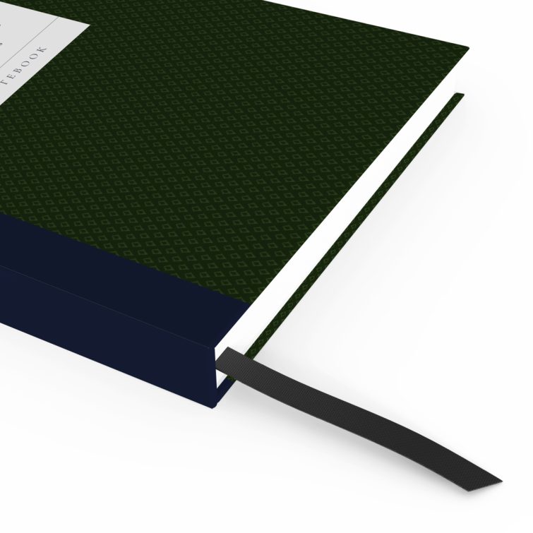 Green patterned portrait notebook design with elegant label, suitable for personalisation, featuring one photo placeholder.