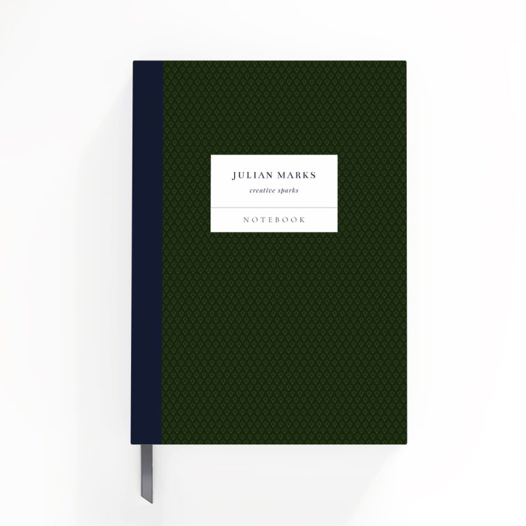 Green patterned portrait notebook design with elegant label, suitable for personalisation, featuring one photo placeholder.