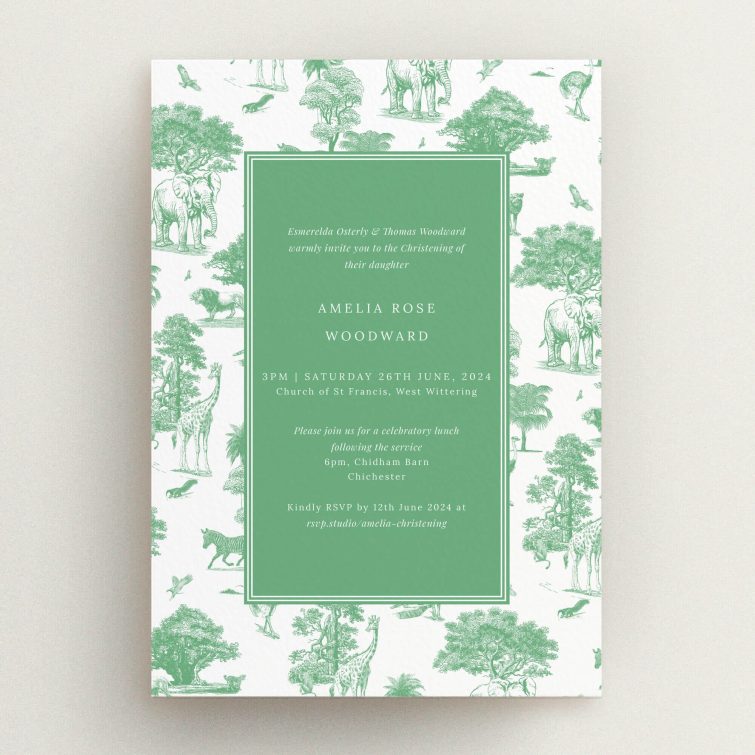 Elegant green and white christening invitation with vintage animal illustrations and framed text, no photos.