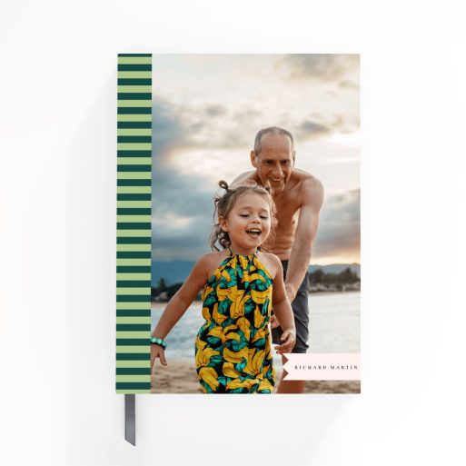 Personalised notebook cover design with striped pattern and one photo on the front, ideal for custom printing by Utterly Printable.