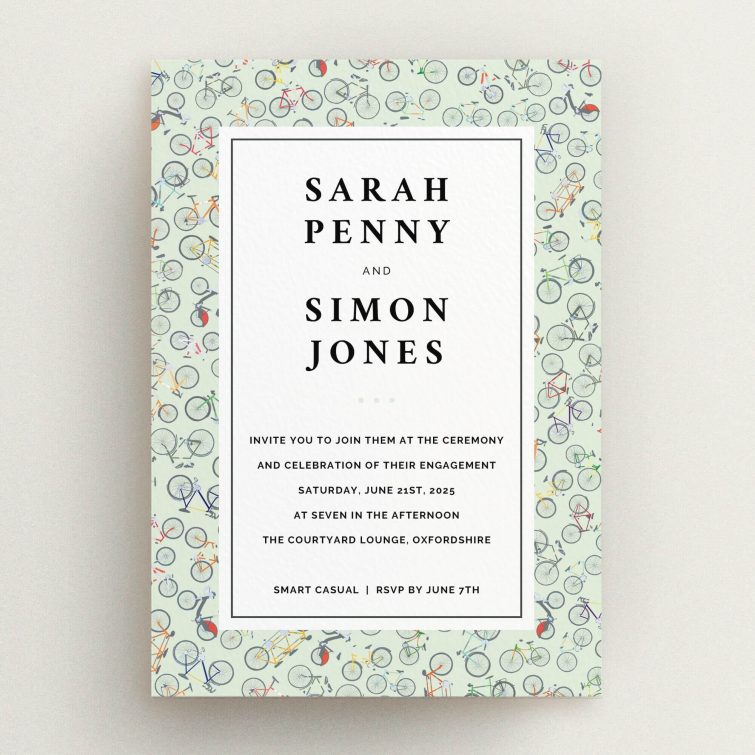 Bicycle-themed engagement party invitations design with colourful bike pattern and no photos.