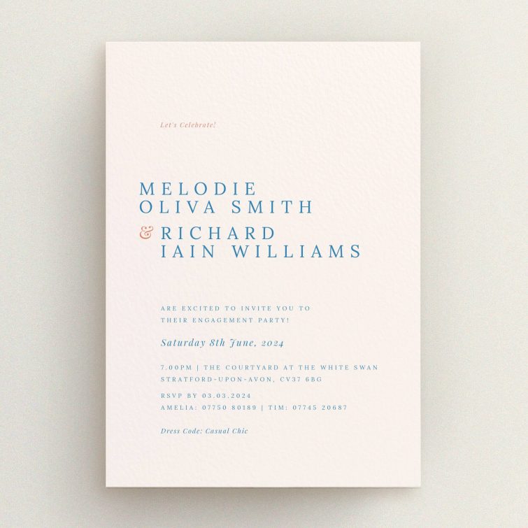 Elegant blue and coral text engagement party invitations design, with no photos.